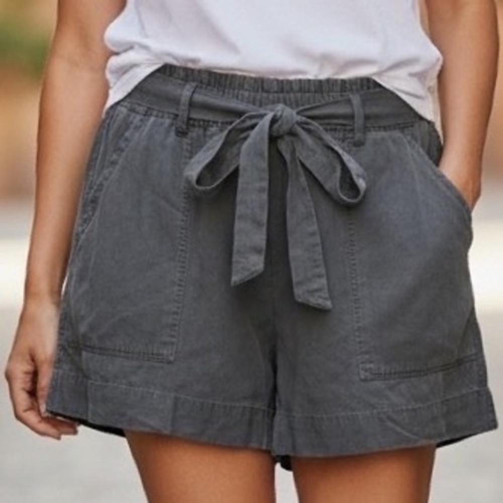 Aerie Charcoal Gray Paperbag Waist Shorts High Rise Lyocell Tie Belt Lounge Boho